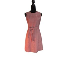 J.Crew Red White Herringbone Tweed Sleeveless Belted Sheath Dress G1307 Size 2